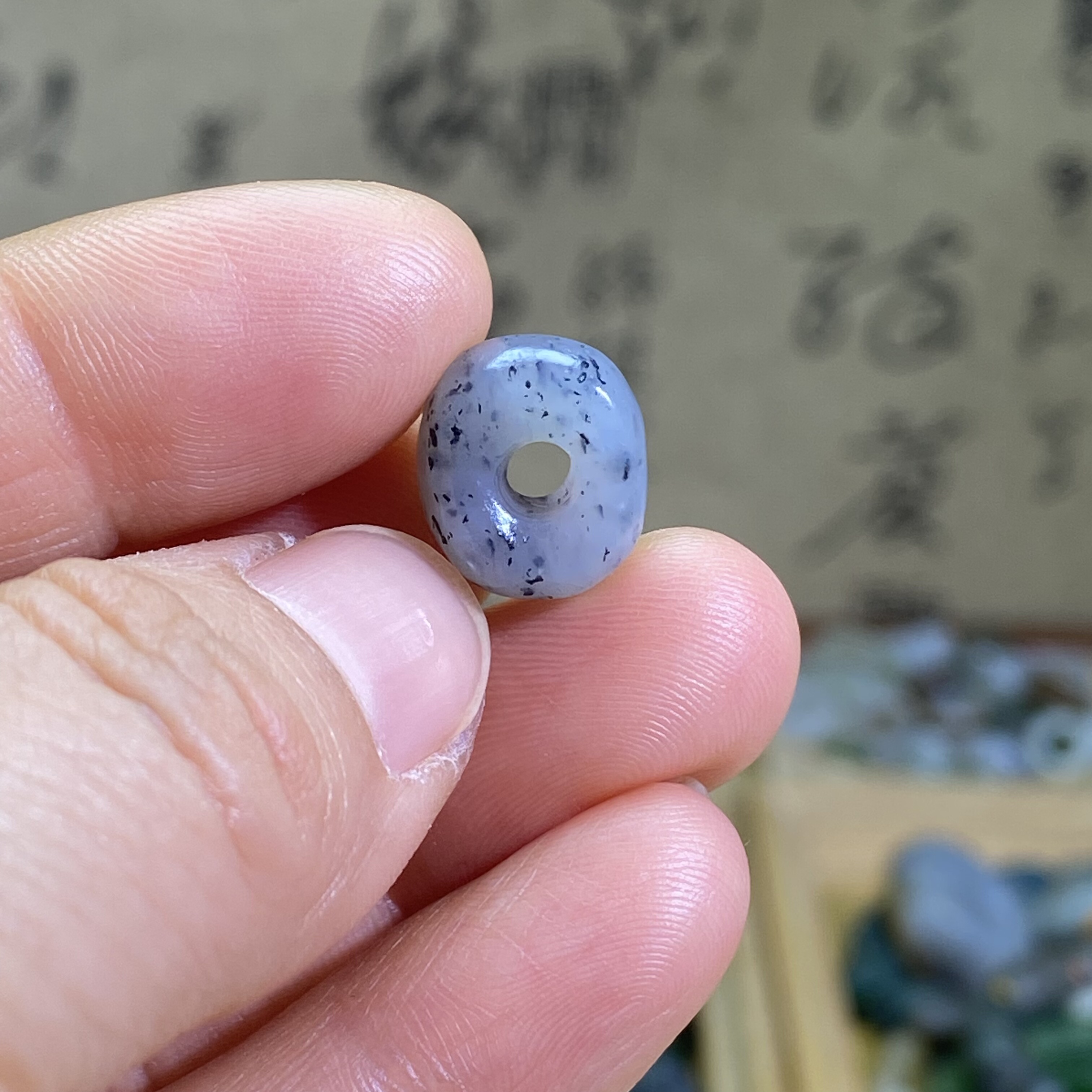 和田玉青花点墨随型小扣子配饰老光工艺复古风手编绳手串多宝配珠