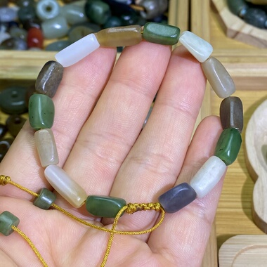 和田玉碧玉糖白玉多宝手串手链老光珠随型配饰复古风手编绳珠串