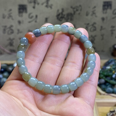 和田玉籽料6×7直切珠手链糖青花楼兰三色复古风手串文玩手饰挂饰
