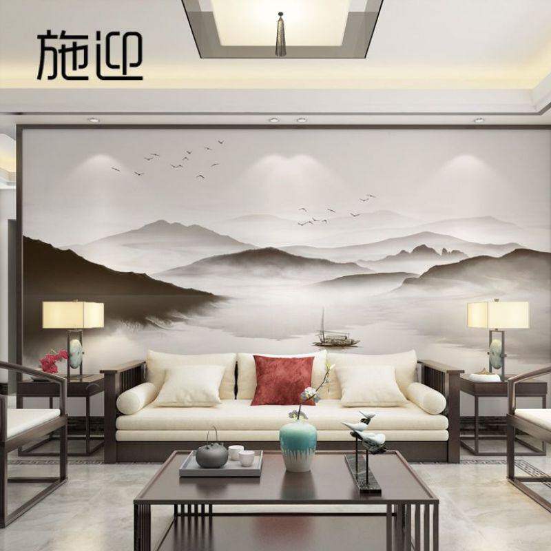 装饰客厅卧室硅藻泥中式壁画新中式意境沙发花鸟迎新壁纸墙纸墙布