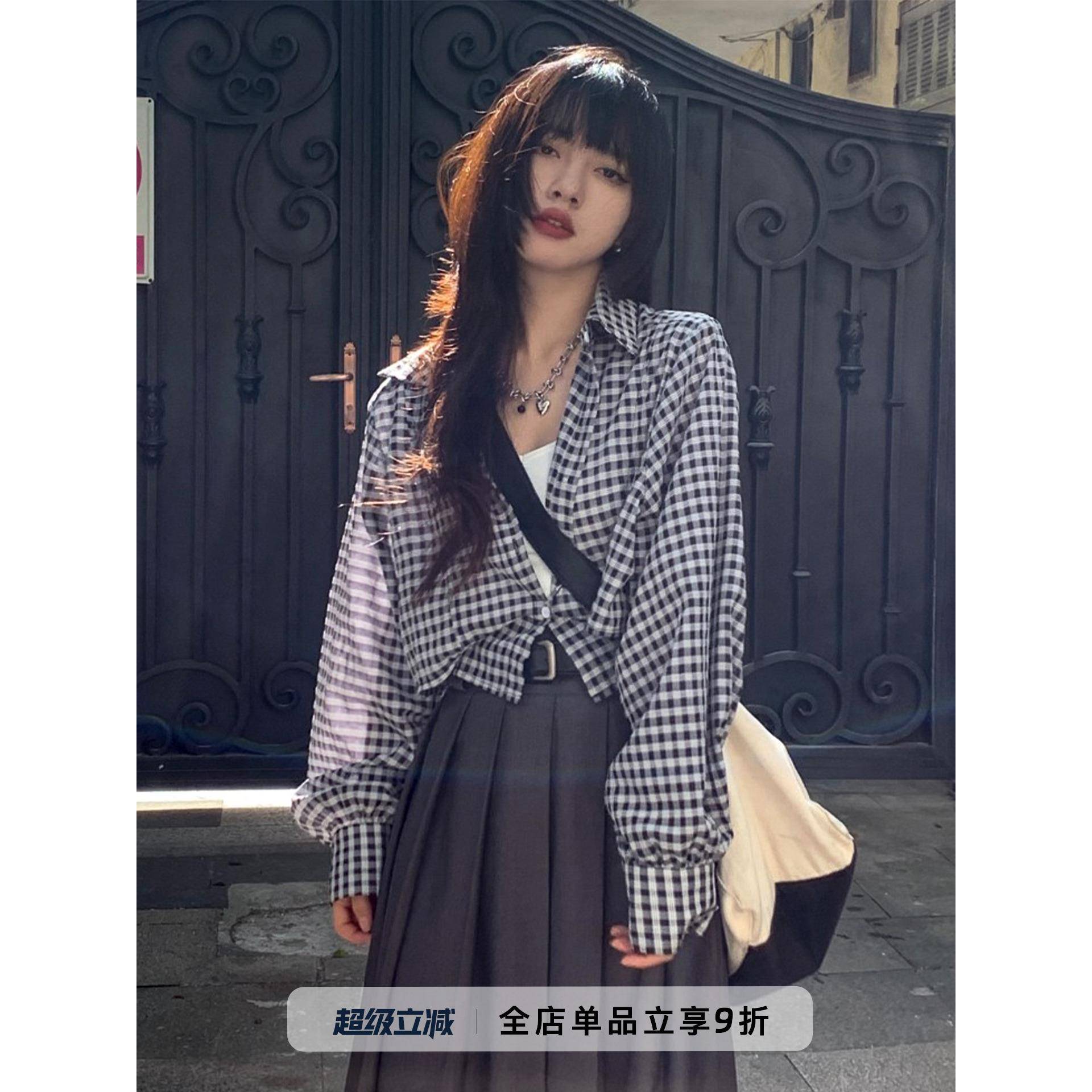 呆毛 覆古短款格子长袖衬衫女早秋设计感衬衣防晒外套小个子上衣