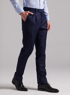 lessmore多少服饰男士休闲西裤修身长裤藏青色纯羊毛男下装新款冬