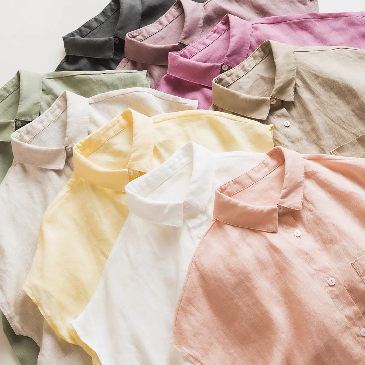 日系通勤简约17*21支纯亚麻轻薄细腻文艺宽松小翻领短袖衬衫上衣