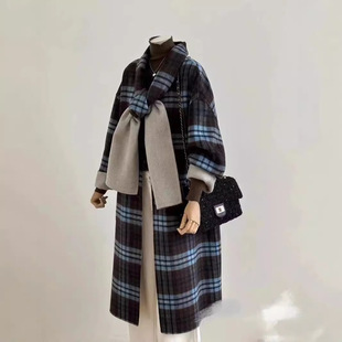 西太后两穿秋冬新款格纹双面羊毛大衣宽松茧型围巾羊绒加长款大衣