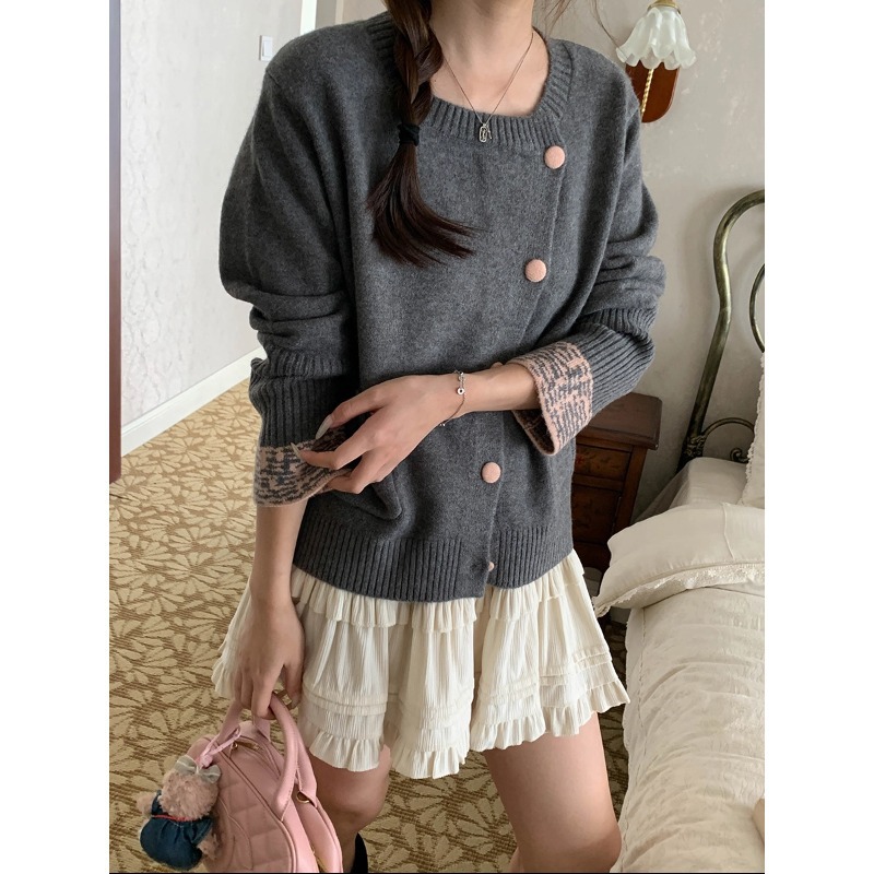 3th Morning 撞色拼接 设计感斜门襟圆领宽松针织开衫ZY3560