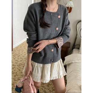 设计感斜门襟圆领宽松针织开衫 撞色拼接 ZY3560 Morning 3th