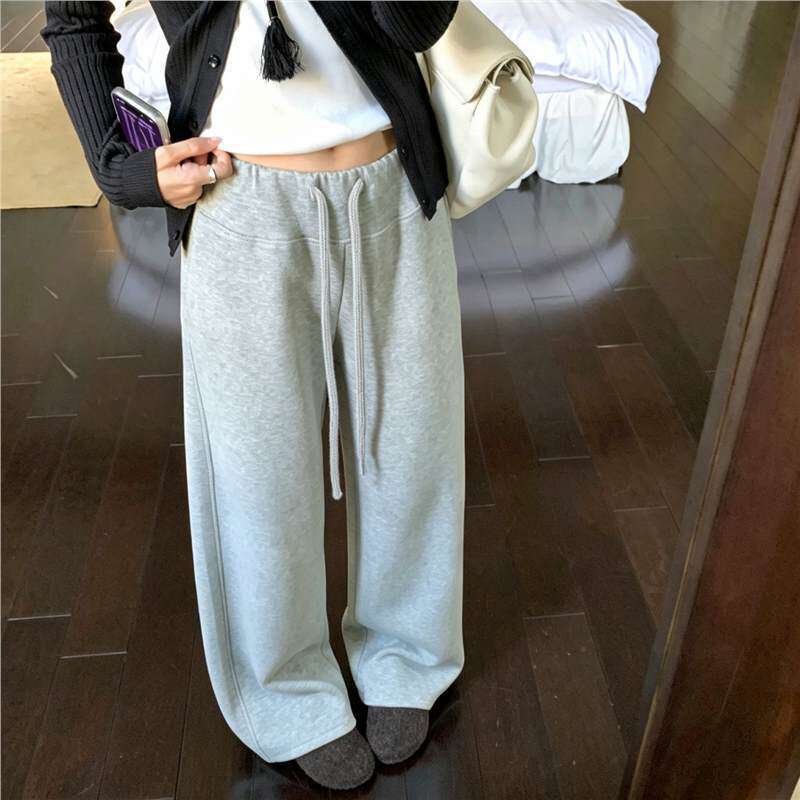 针织卫裤通勤宽松直筒裤早秋休闲运动松紧腰阔腿长裤女
