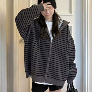 学院风慵懒感条纹连帽毛衣秋冬韩版宽松加厚针织开衫外套chic上衣