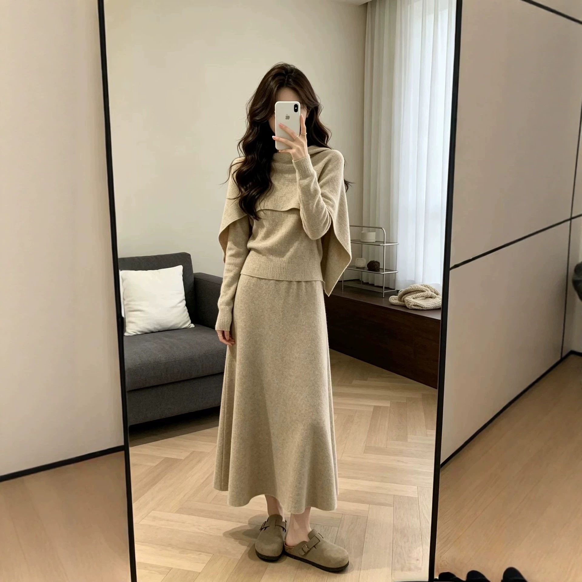长袖披肩搭配半身裙针织两件套女秋冬气质百搭毛衣套装