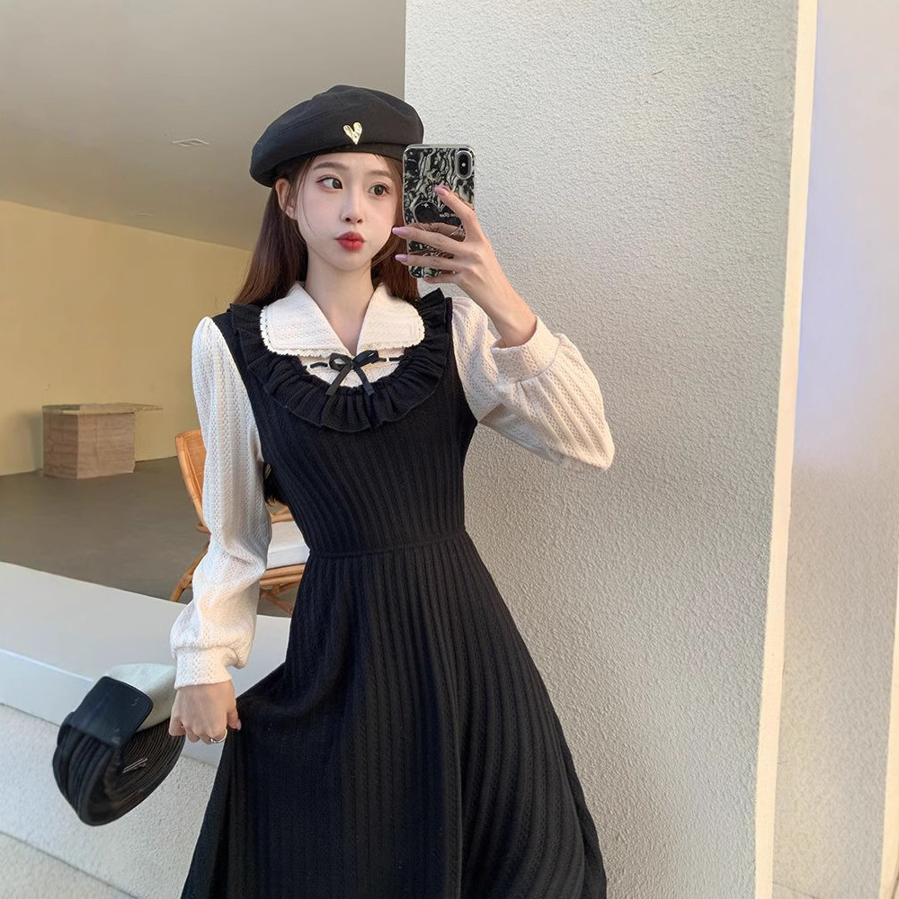 秋冬穿搭新款假两件娃娃领黑色连衣裙子女法式小香风长裙