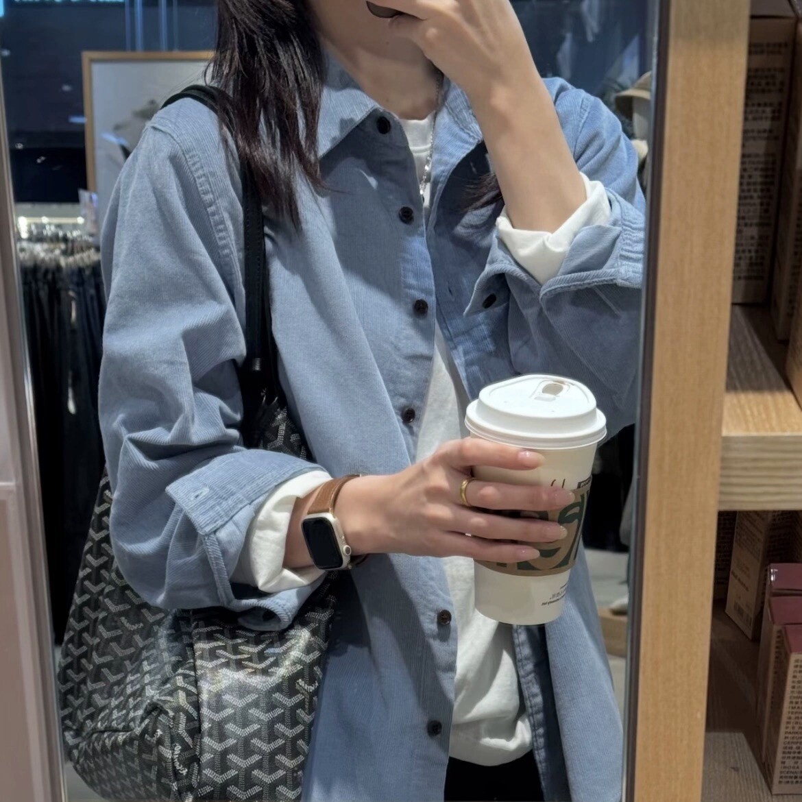 温柔蓝色灯芯绒衬衫女秋季复古百搭显瘦叠穿休闲衬衣外套