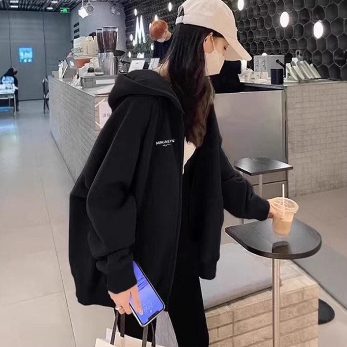卫衣外套春季慵懒风宽松新款黑色连帽上衣秋冬穿搭