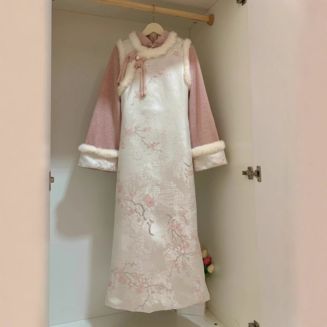 粉白梅花长短马甲搭配旗袍裙套装新中式加绒秋冬季新款