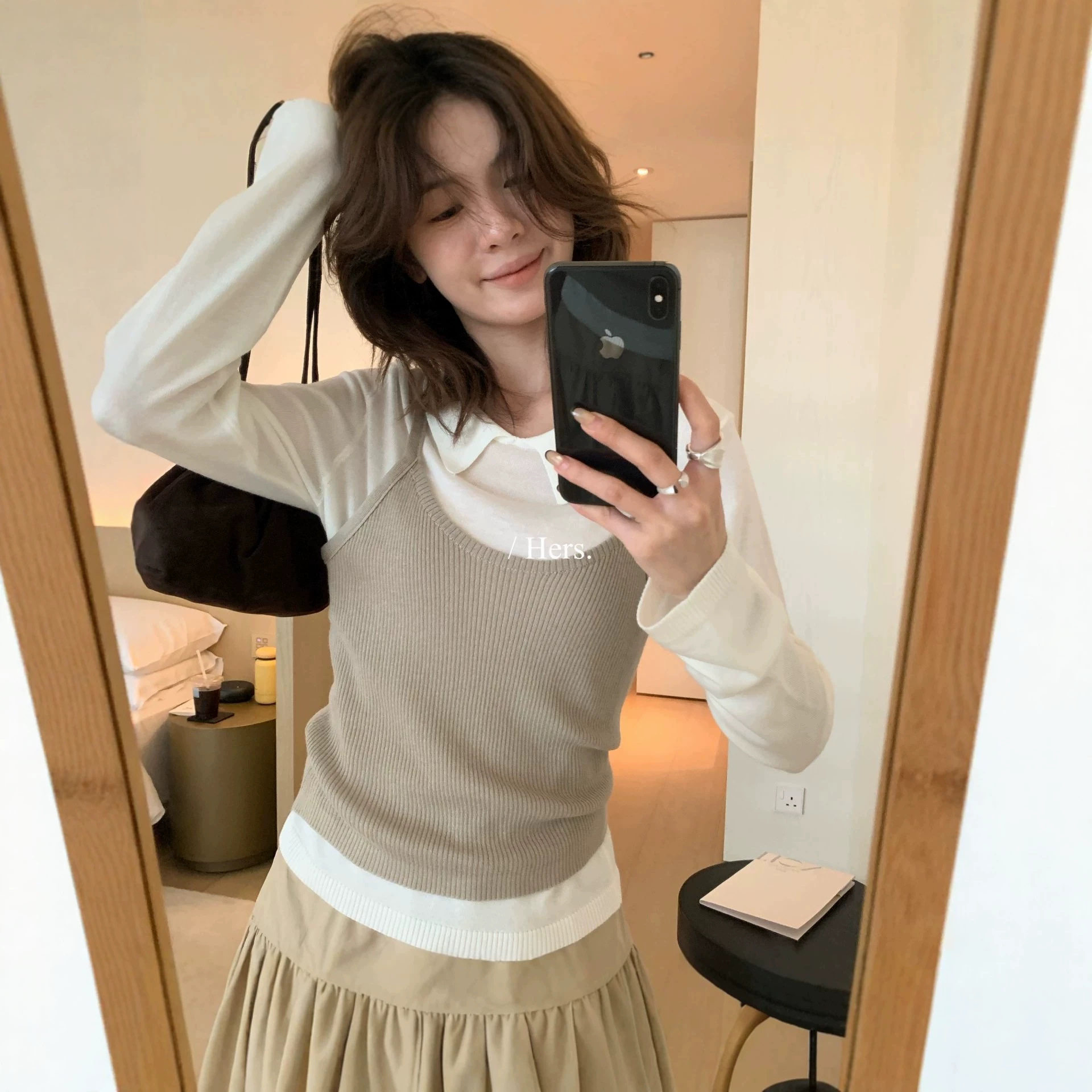 早秋新款娃娃领长袖修身针织衫外搭吊带背心二件套