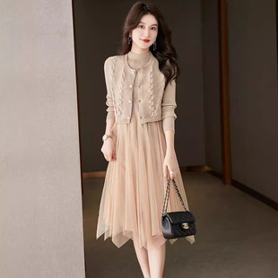 套装裙针织连衣裙女秋冬新款春秋两件套裙子感毛中长裙女