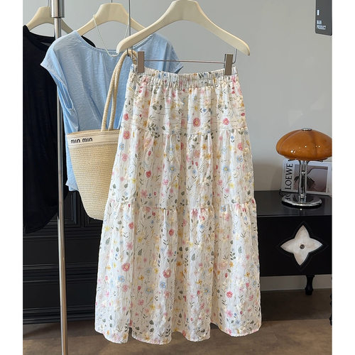 法式温柔风绣花半身裙女夏季高腰显瘦A字裙中长裙