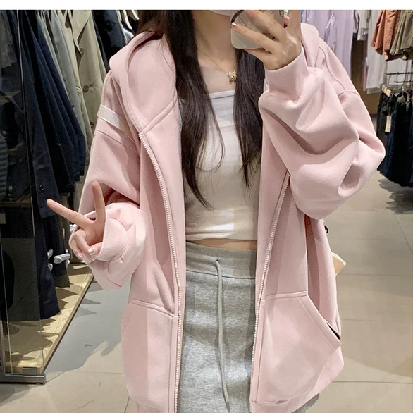 粉色卫衣外套女款春季好看连帽正肩上衣小个子穿搭