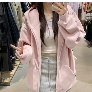 粉色卫衣外套女款春季好看连帽正肩上衣小个子穿搭