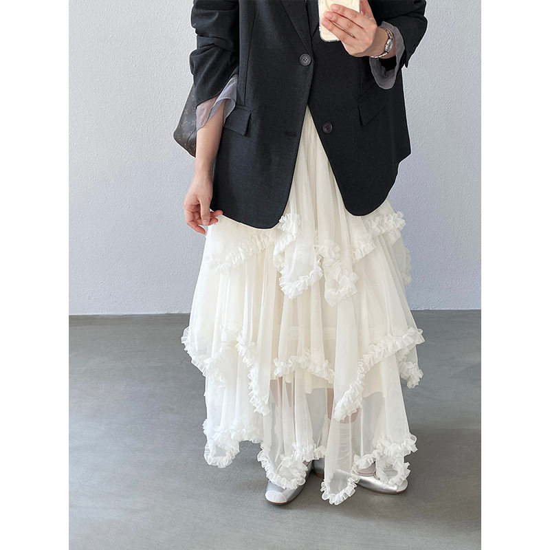 蕾丝花边网纱不规则半身裙女超仙白色长裙春夏季