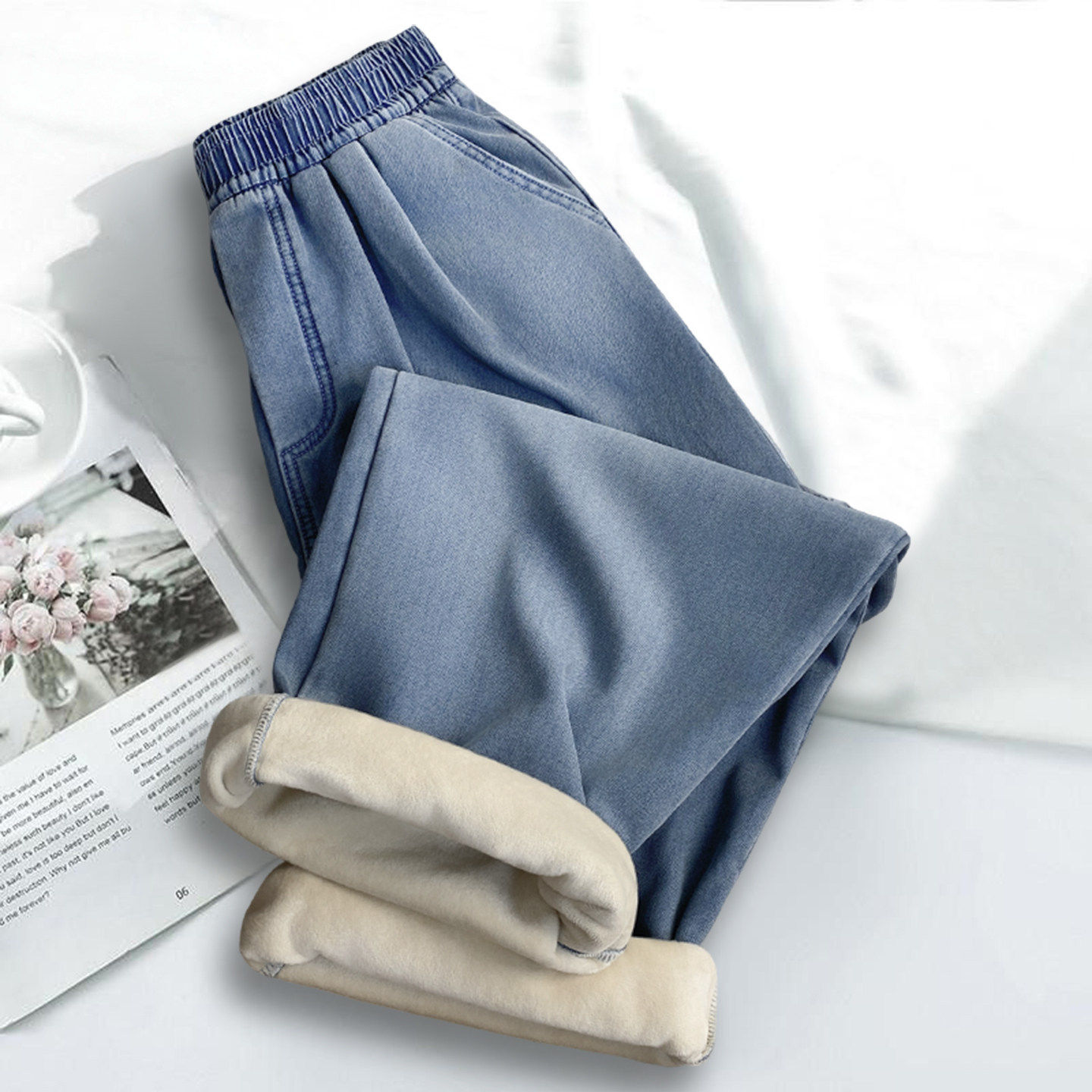 秋冬加绒牛仔裤女裤子加厚2025新款冬季胖mm大码小个子直筒阔腿裤