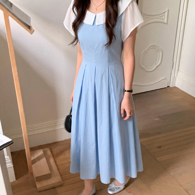2026年秋季新款翻领短袖休闲舒适A字高腰中长蓝色连衣裙女
