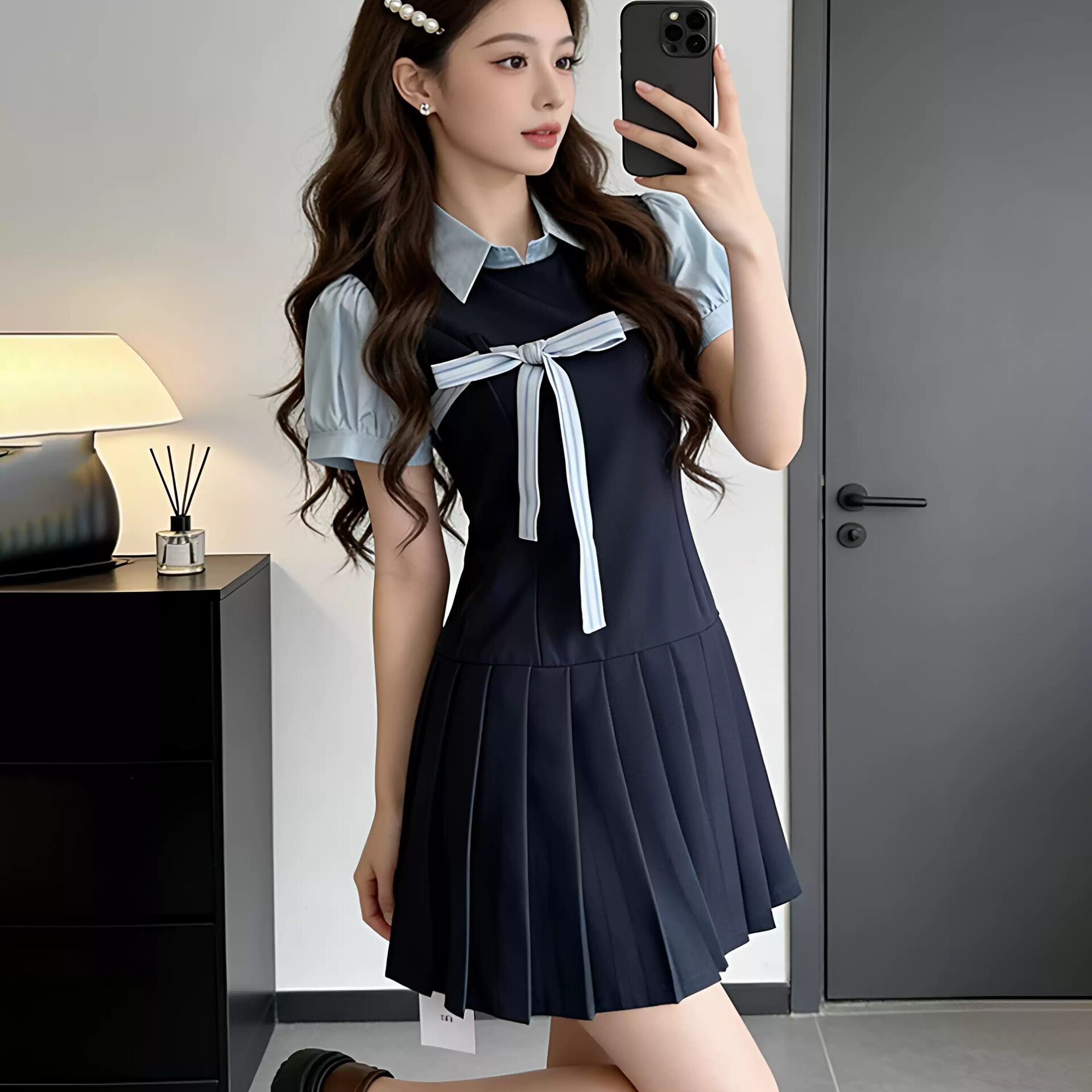 甜美学院风短袖连衣裙女夏小个子设计收腰显瘦修身百褶裙短裙