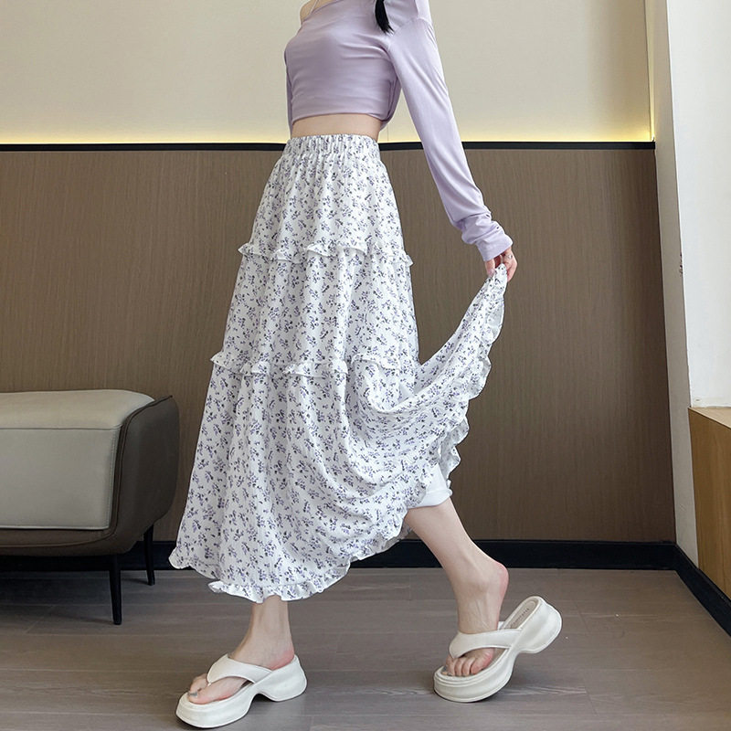 半身裙春夏新款韩式复古米白色碎花高长裙子