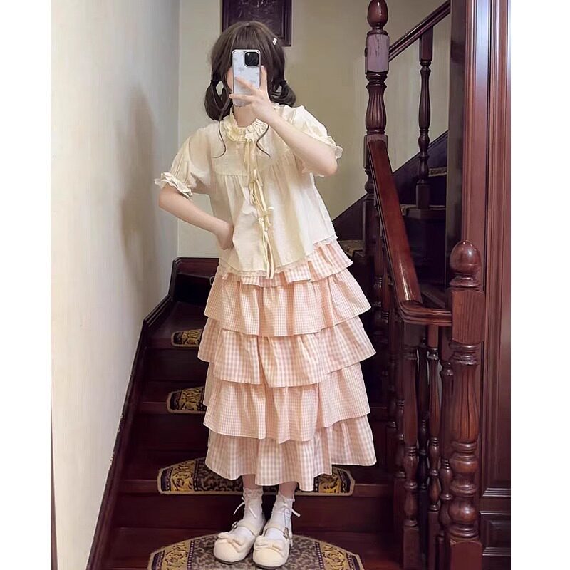 可爱甜妹穿搭一整套女夏学院风衬衫粉格子蛋糕裙两件套
