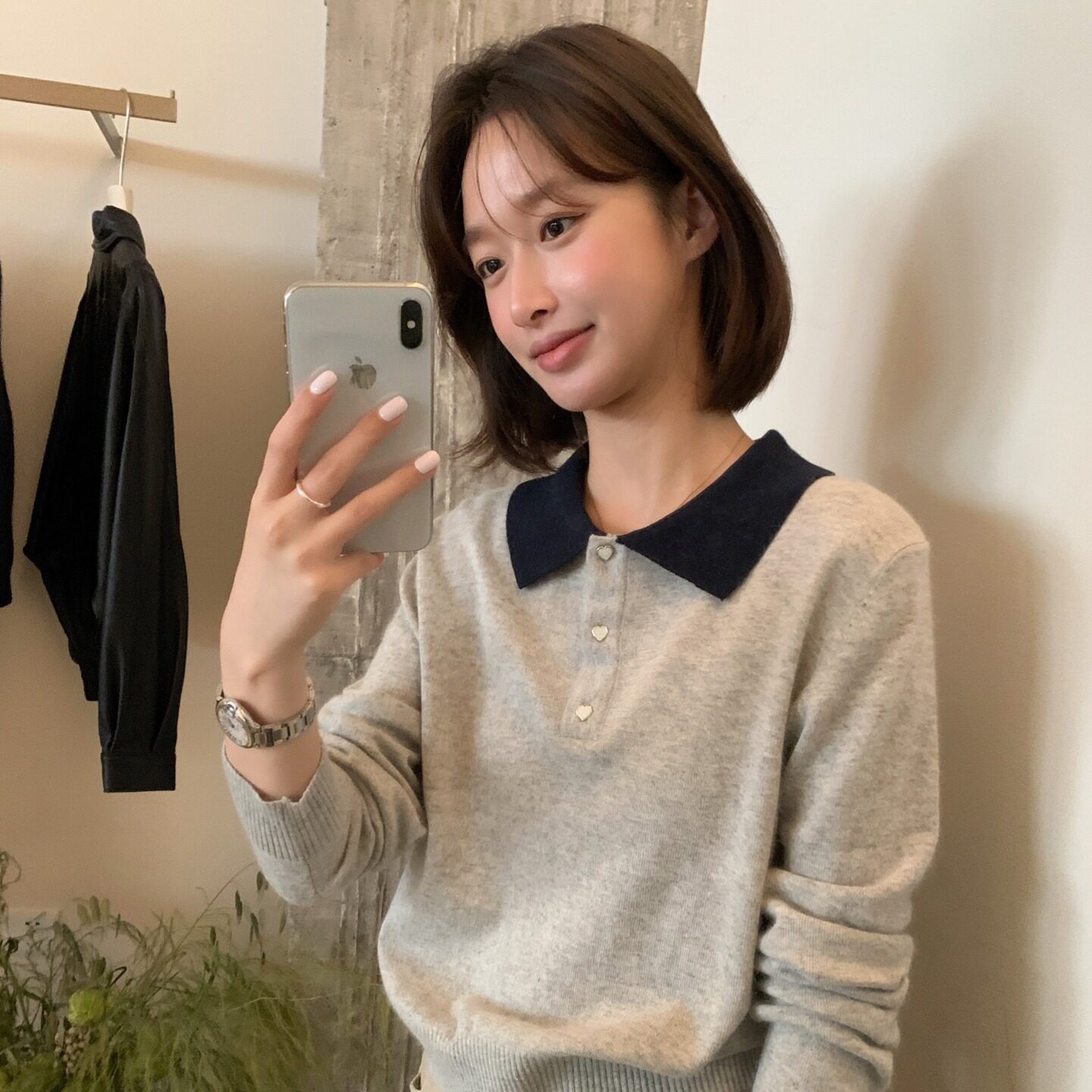 撞色翻领针织衫女上衣秋冬季宽松百搭休闲长袖polo毛衣