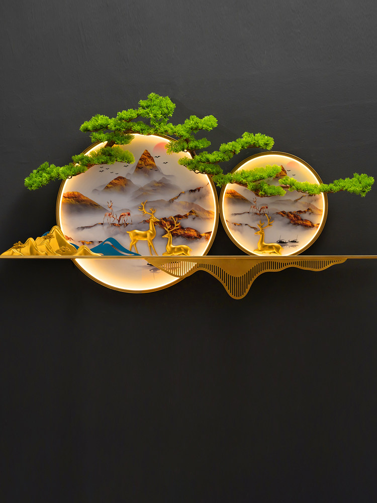 新中式挂画客厅沙发背景墙圆立体灯光茶室迎客松木门厅铁墙装修