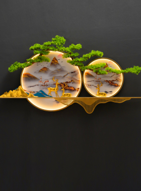 新中式挂画客厅沙发背景墙圆立体灯光茶室迎客松木门厅铁墙装修