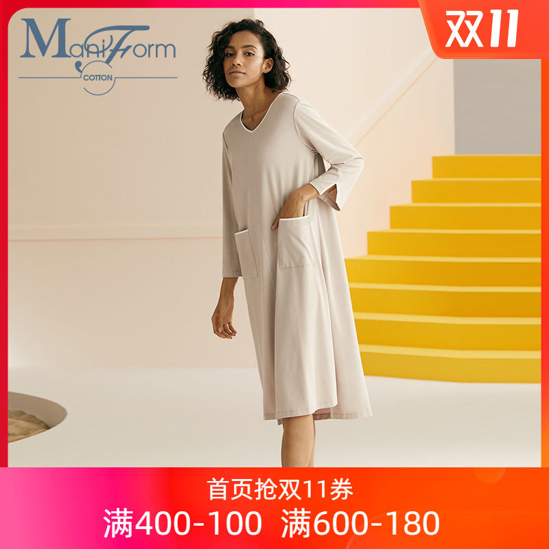 曼妮芬棉质生活袖口开衩柔软撞色v领前片大口袋长袖家居睡裙女 QD