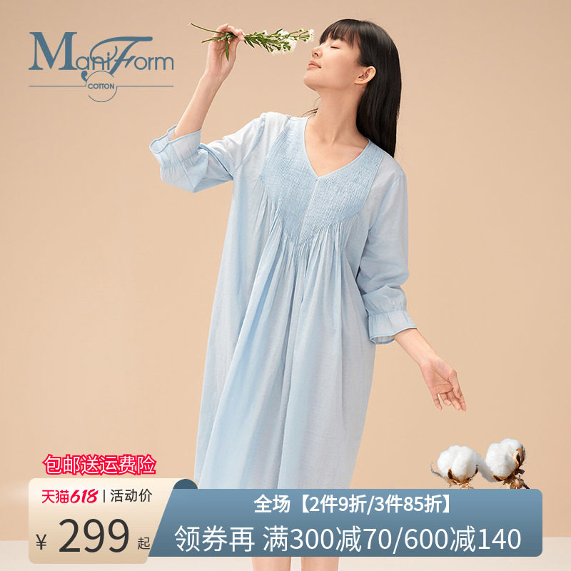 曼妮芬棉质生活家居服全棉60支梭织V领七分袖宽松纯棉显瘦睡裙TC