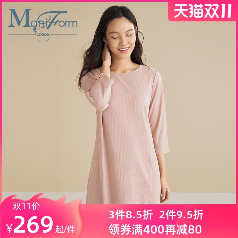 曼妮芬棉质生活家居服棉莫罗纹针织莫代尔七分袖连衣睡裙