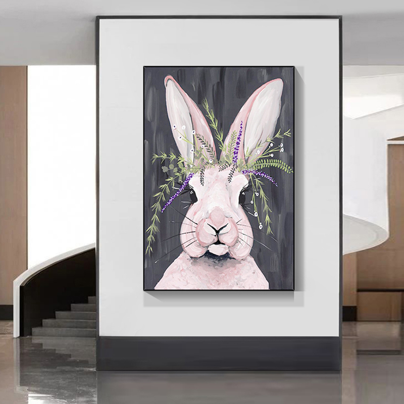 手绘油画 现代简约可爱粉色兔子欧式美式动物装饰画