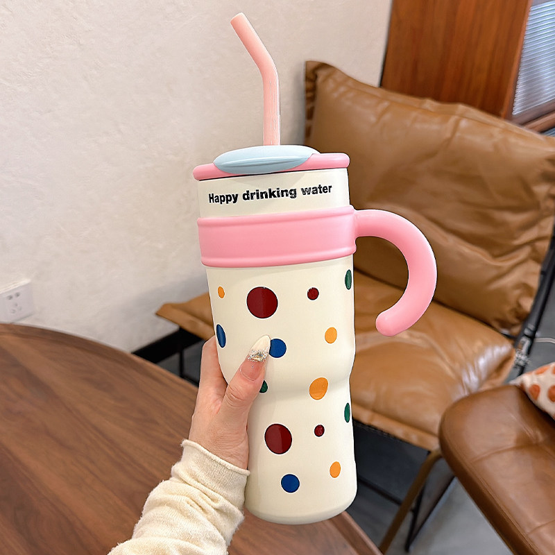 吸管保温杯女生高颜值带把手巨无霸水杯子办公室大容量水壶咖啡杯