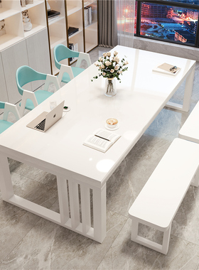 大书桌工作台家用学习办公桌客厅实木书桌白色钢琴烤漆餐桌长条桌