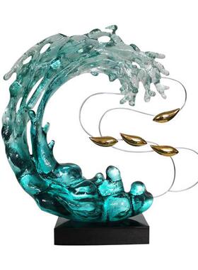 现代酒店透明树脂雕塑客厅创意摆件家居饰品海浪别墅入户玄关装饰