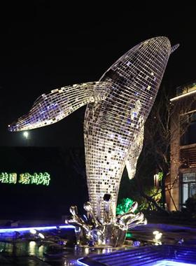 户外不锈钢鲸鱼雕塑镂空网格海豚章鱼发光摆件广场售楼部水景装饰