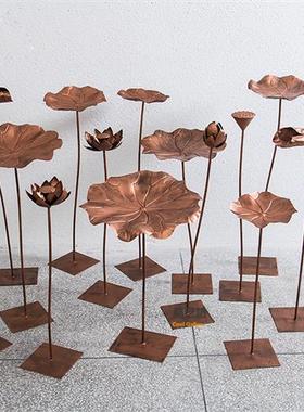 铁艺仿真荷花摆件园林花园水池观金属装饰不锈钢荷叶落地水景雕塑