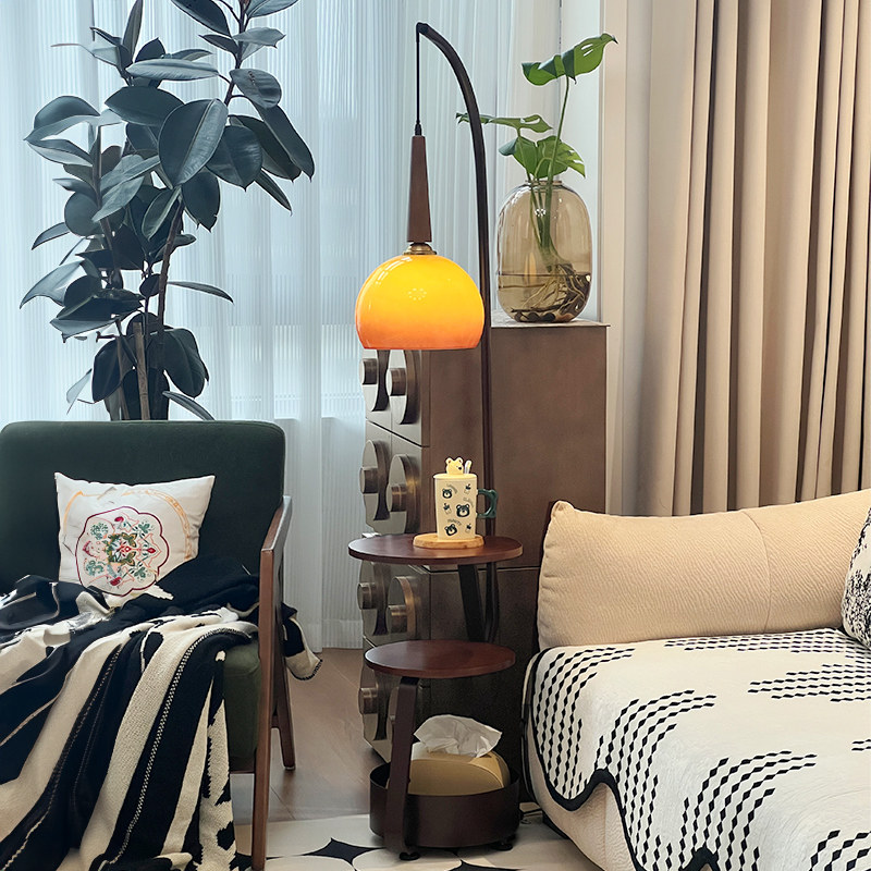 中古风落地灯客厅沙发旁柚子灯高级感复古钓鱼灯卧室床头柜一体灯