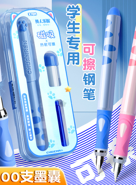 传人可擦钢笔套装三年级小学生专用练字EF正姿儿童热敏可擦钢笔0.38mm可替换墨囊带橡皮可擦礼盒四年级练字笔