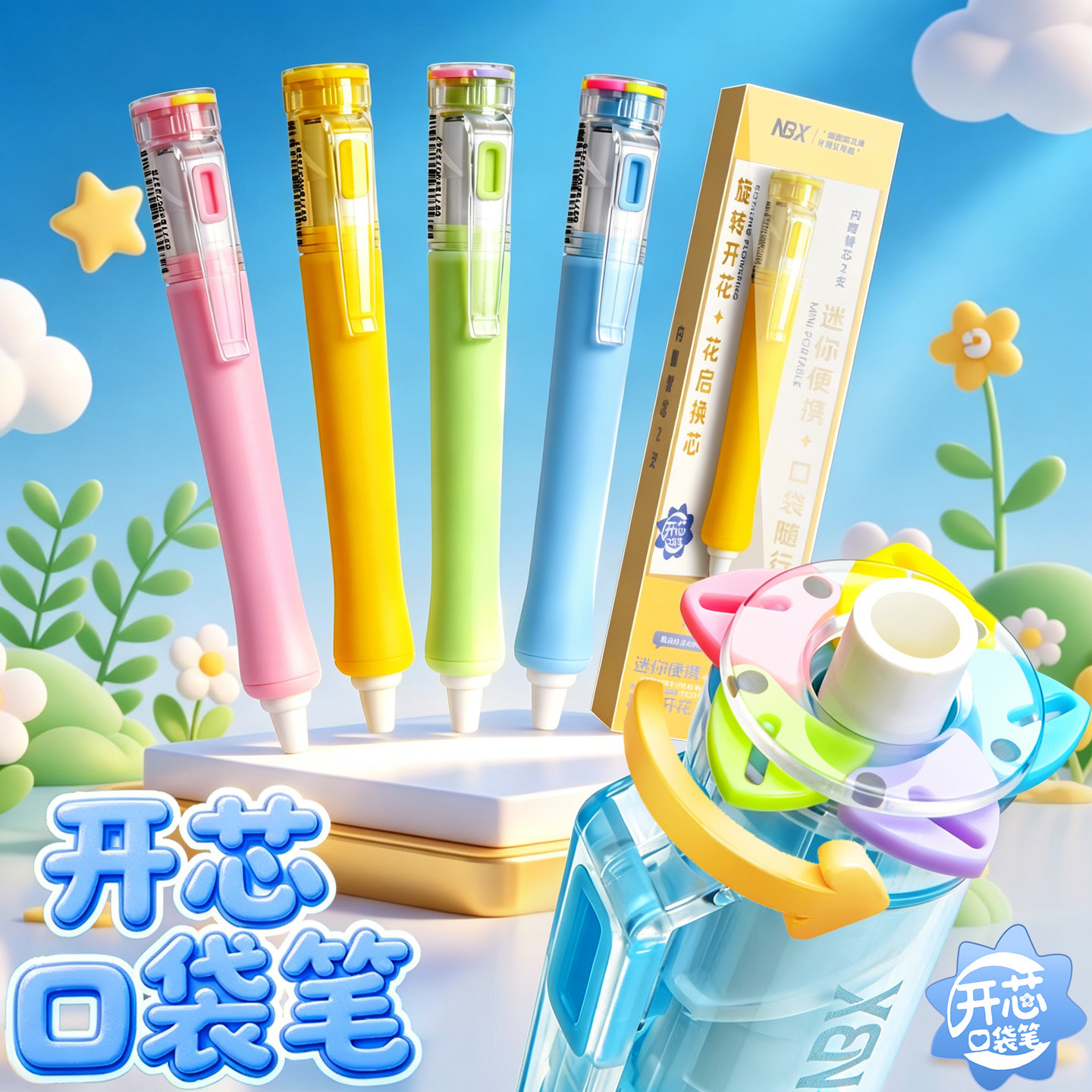 2026新款开芯旋转开花换芯设计创意糖果色高颜值学生速干刷题笔迷你便携黑色中性笔学生静音刷题考试专用