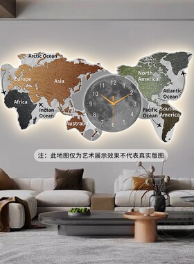 艺术世界地图客厅装饰画 画带钟表挂钟书房办公室沙发背景墙壁灯