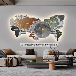 艺术世界地图客厅装饰画 画带钟表挂钟书房办公室沙发背景墙壁灯