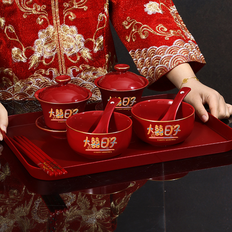 婚礼新人改口敬茶杯一对结婚红色喜碗筷茶具套装婚庆陪嫁敬酒杯子