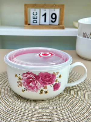 陶瓷保鲜碗带盖带手柄泡面碗冰箱微波炉饭盒学生水杯带把手早餐杯