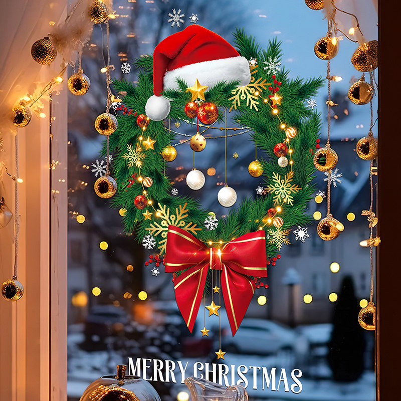 圣诞节花环静电贴圣诞老人玻璃门贴纸雪人贴画圣诞树窗贴新年装饰