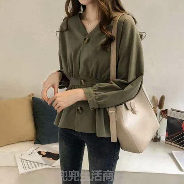 2019时尚韩版女百搭宽松衬衣长袖修身衬衫单排扣上衣收腰V领春季|ruв категории Женская одежда, юбка - от Buy2taobao.com для оказания профессиональной услуги покупки агента Taobao