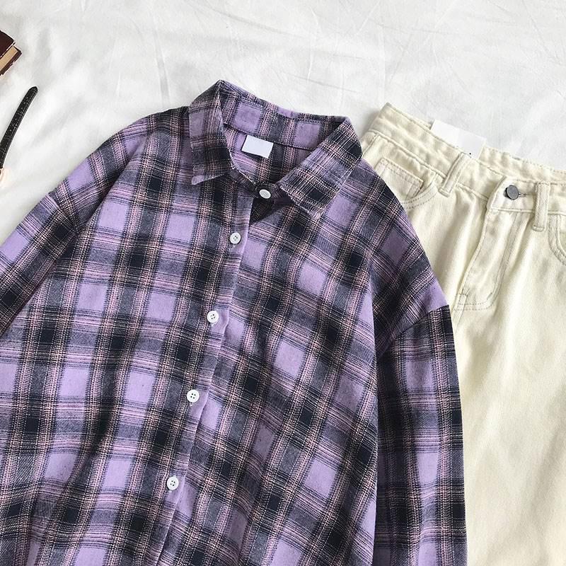 撞色格子长袖衬衫女2018秋新款韩版港味ins翻领单排扣bf衬衣外套在类目 女装/女士精品, 衬衫中 - 来自Buy2taobao.com提供专业的淘宝代购服务